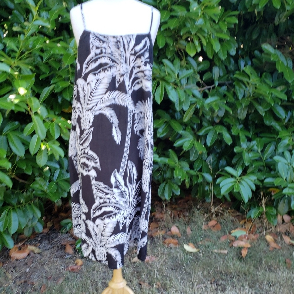 Tropical Print Black and White Trapeze Dress XL Palm Fronds Cotton Strappy